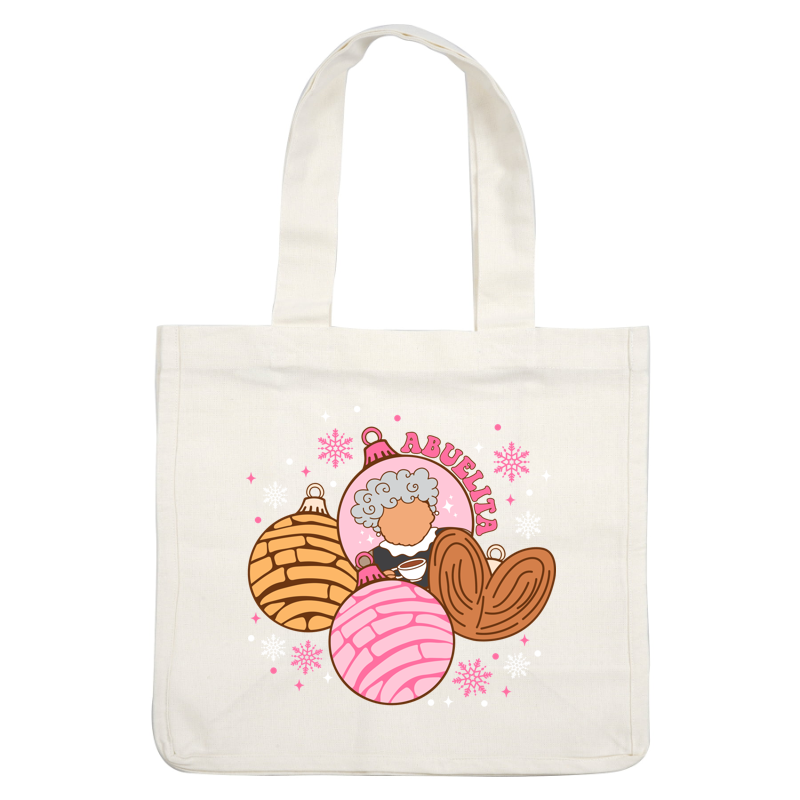 A cheerful illustration featuring a grandmother figure surrounded by festive ornaments and symbols, celebrating warmth and holiday spirit.DTF Transfersdtf regular iron