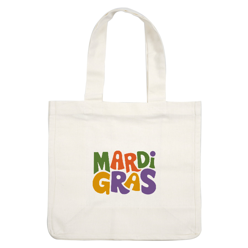 Colorful and playful "Mardi Gras" text, featuring vibrant letters in green, orange, purple, and yellow, capturing the festive spirit.DTF Transfers