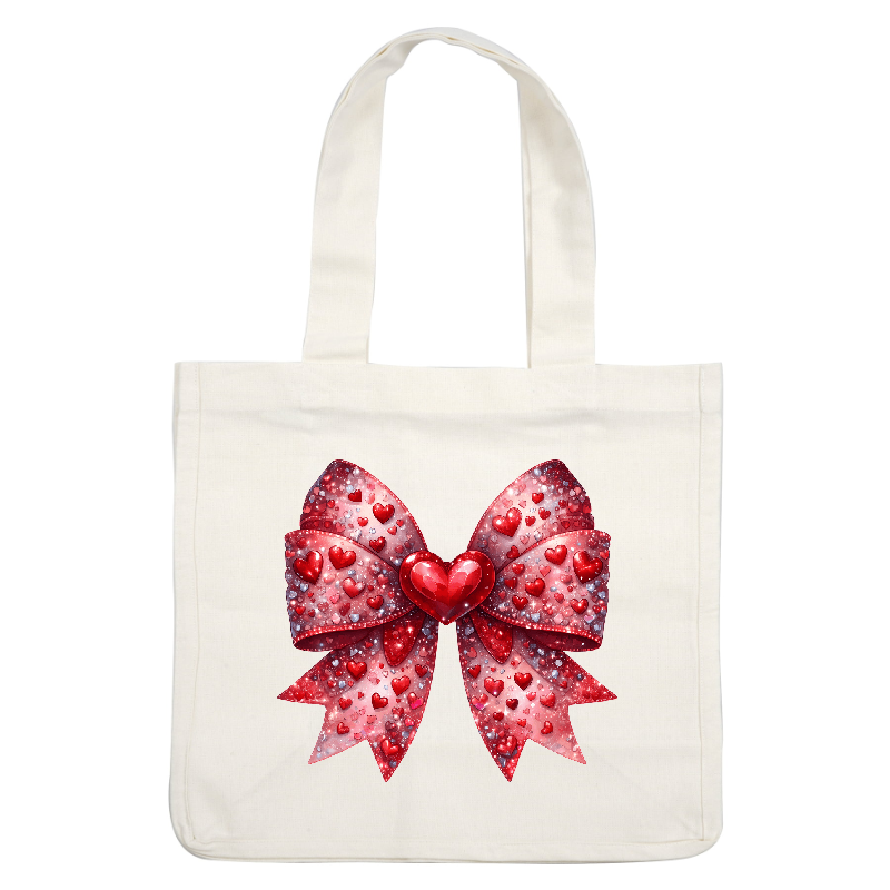 A vibrant, heart-themed bow adorned with sparkling red and pink hearts, perfect for adding a romantic touch to gifts.DTF Transfers
