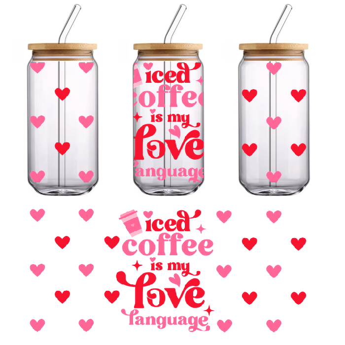 Pink on teal coffee blanket features a pun on love language.UV Transfers
