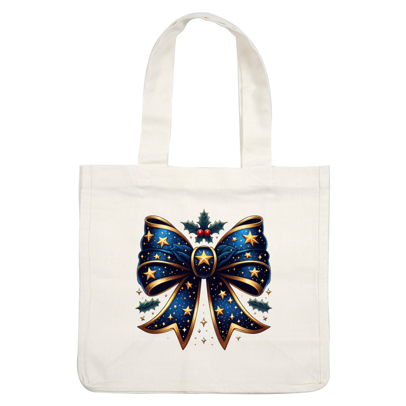 Un lazo azul festivo adornado con estrellas doradas y rodeado de hojas de acebo, perfecto para decoraciones navideñas.