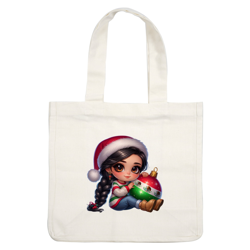 A cute girl in a Santa hat holds a vibrant Christmas ornament featuring the Mexican flag, showcasing festive cheer.DTF Transfers dtf transfers