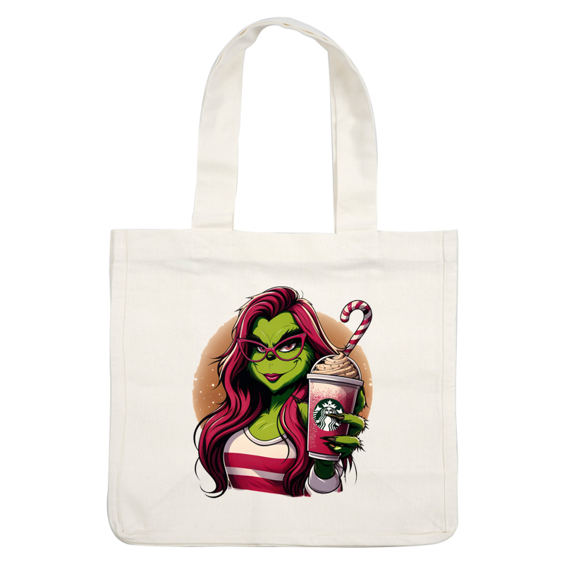 Un personaje elegante, de piel verde y cabello rosa vibrante, que usa anteojos y sostiene una bebida festiva de Starbucks cubierta con crema batida. Transferencias DTF