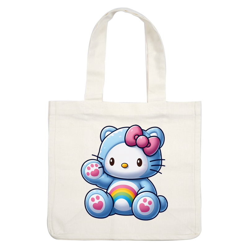 Cute pastel blue character resembling a bear, featuring a pink bow, rainbow design on its belly, and paw prints.DTF Transfers dtf prints