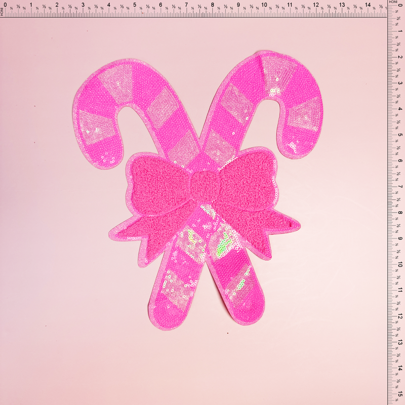 Sequin Pink Bow Cane Stick Patch Emblem Embroidered Cloth Stickers Christmas DIY Iron Clothing Patches
