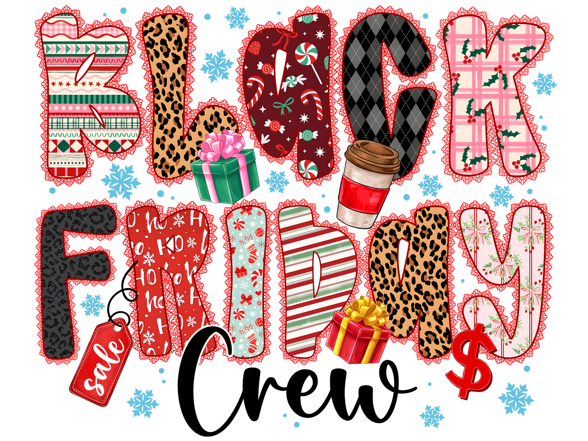 XMAS1466-5 Christmas Black Friday shopping DTF transfer design; physical transfer only; garments and accessories not included