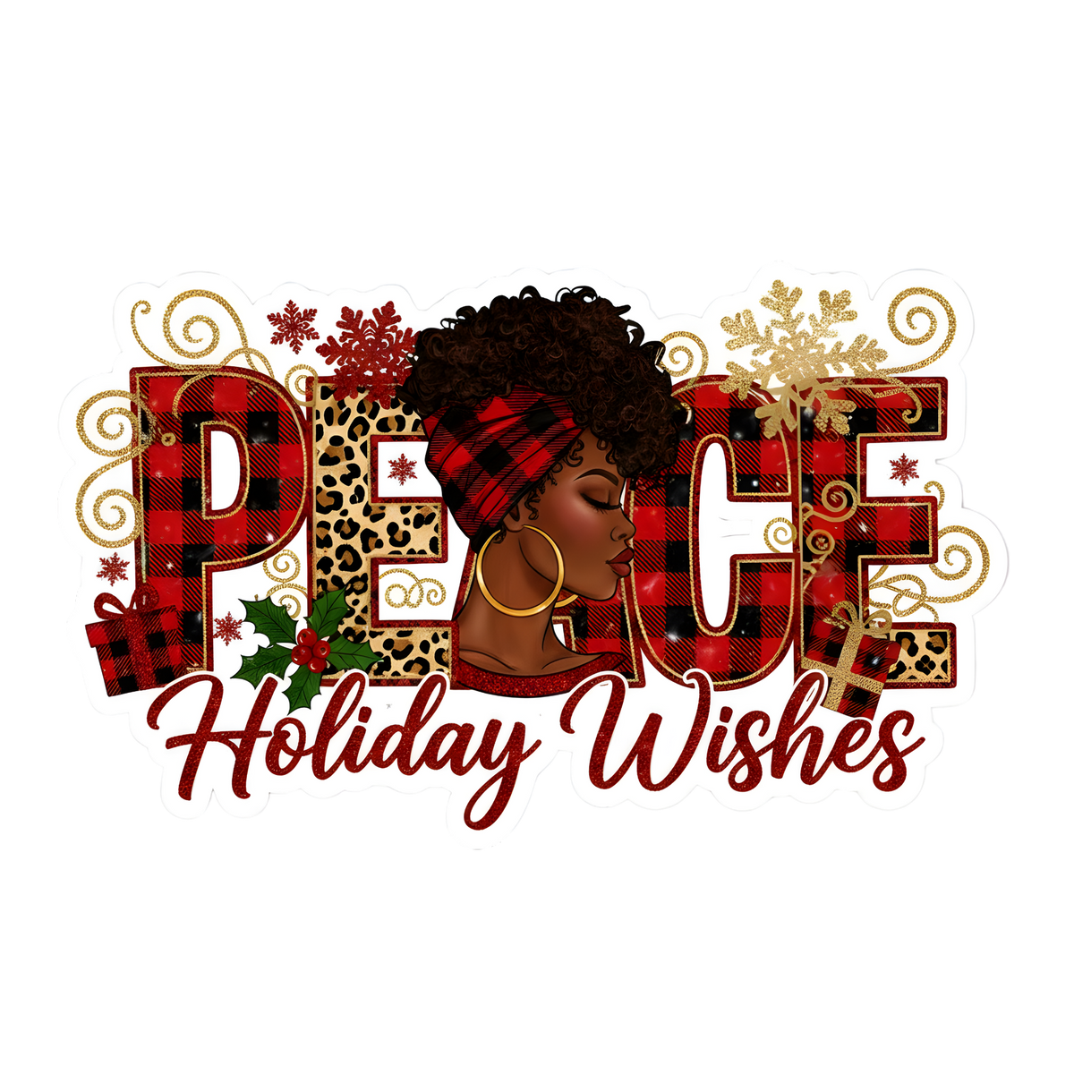 Festive Black woman Christmas DTF transfer design XMAS1469-41. Physical transfer only.
