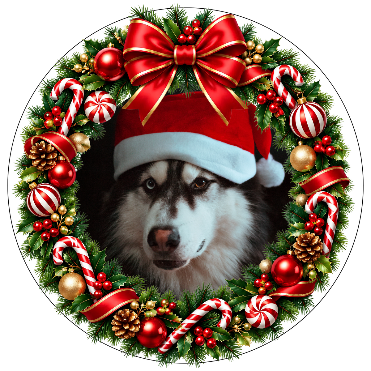 Christmas dog wreath DTF transfer design XMAS1475-2. Fixed photo artwork as shown; physical transfer only.
