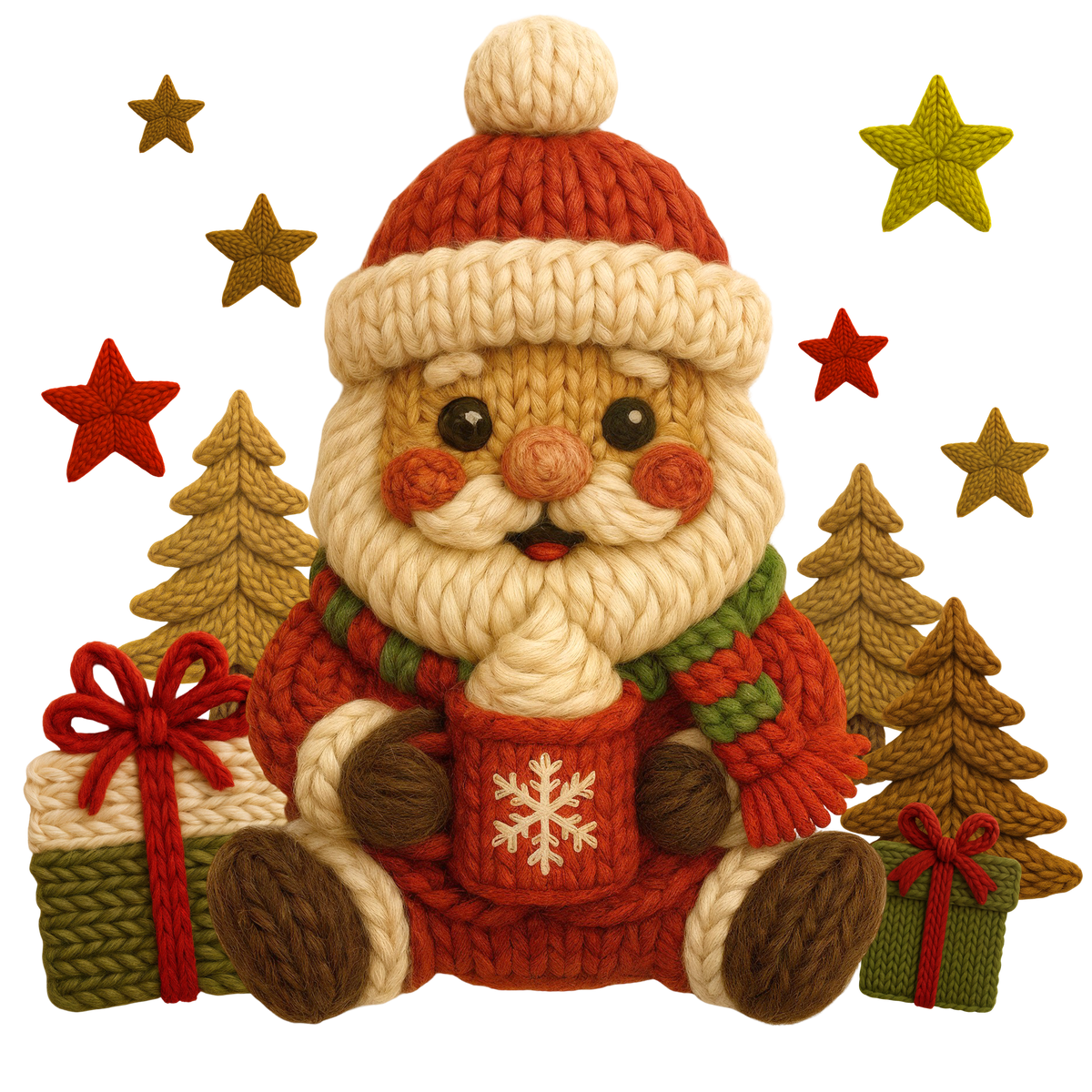 Christmas cocoa crochet-look character DTF transfer design XMAS1482-31. Flat printed textile transfer, not an actual toy or crochet item.
