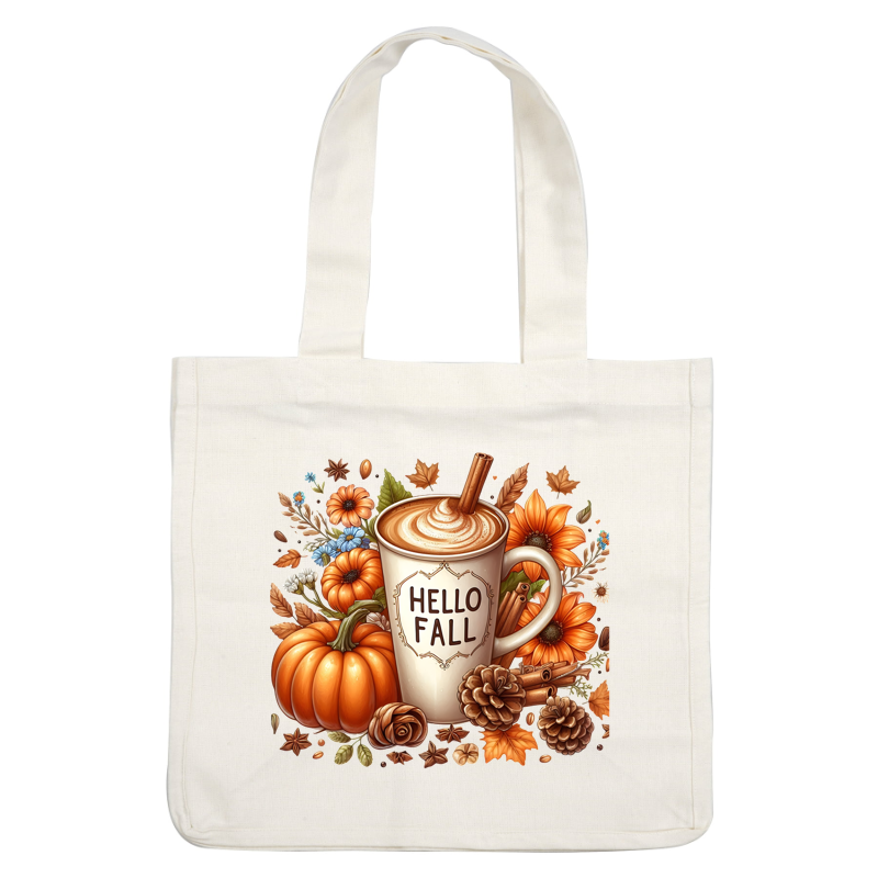 A cozy fall-themed coffee cup topped with whipped cream, surrounded by vibrant pumpkins, sunflowers, and autumn leaves. dtf prints