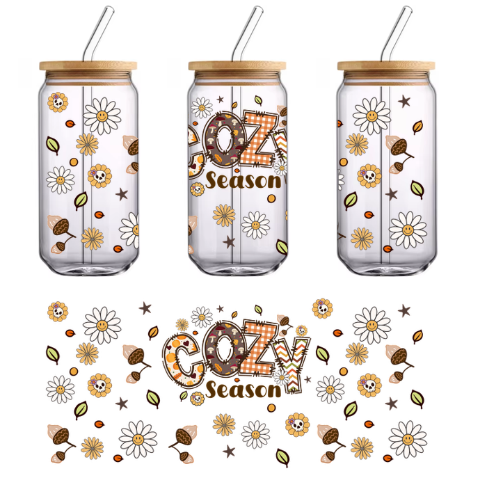 Un diseño caprichoso de "Cozy Season" con alegres margaritas, bellotas y calaveras divertidas, perfecto para decoraciones de otoño. Transferencias UV