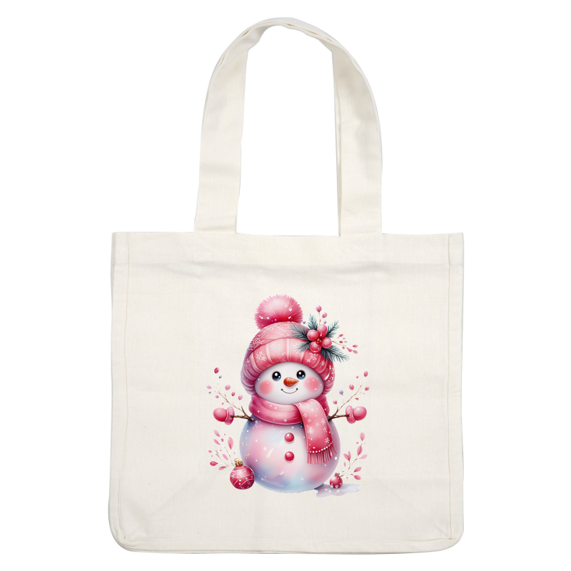 Un alegre muñeco de nieve adornado con accesorios invernales de color rosa, que incluye un gorro, una bufanda y ramas decorativas con bayas.