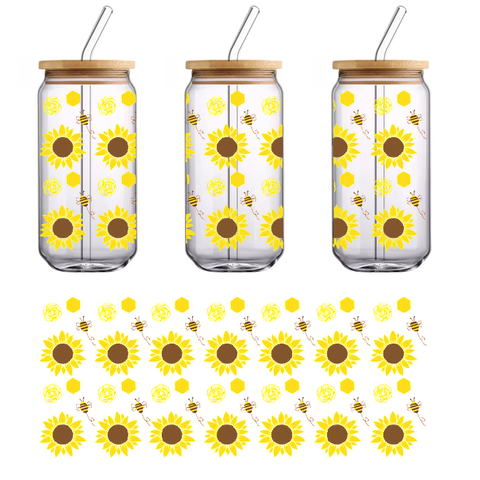 Yellow and black sunflowers with bees flying around on a green background.UV Transfers