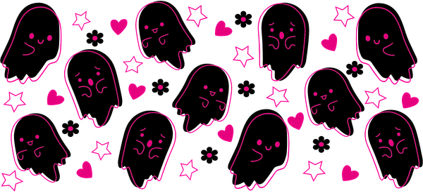 A playful pattern featuring cute, stylized ghosts surrounded by hearts and stars in vibrant pink tones.UV Transfers dtf prints