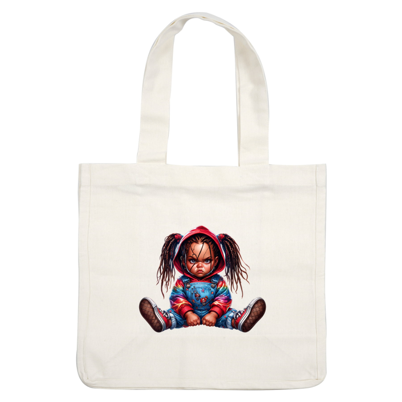 A stylized, fierce doll with braided hair, wearing a colorful hoodie and overalls, showcasing a unique and edgy design. heat press transfers