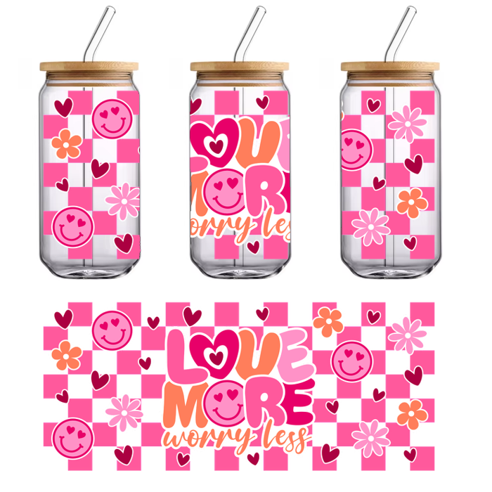 A colorful shirt features a 'Love More Worry Less' slogan.UV Transfers