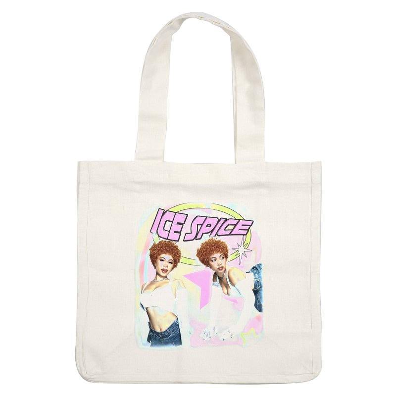 Un arte digital vibrante y colorido que presenta una figura elegante con cabello rizado, que muestra elementos de moda audaces y gráficos divertidos. Transferencias DTF