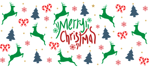 Un patrón festivo navideño con renos, árboles de Navidad y adornos con el alegre mensaje "Feliz Navidad". Transferencias UV