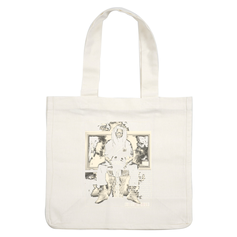 An artistic illustration featuring a person seated on a basketball hoop, dressed in a stylish hoodie and athletic wear.DTF Transfers heat press transfers