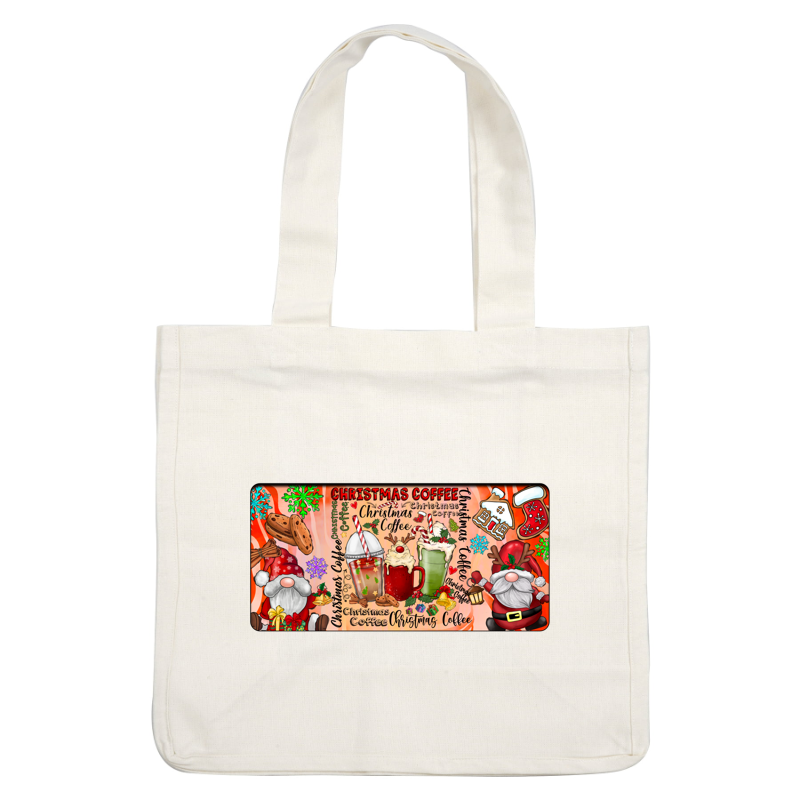 Festively designed Christmas Coffee illustration featuring joyful elements like Santa, colorful drinks, cookies, and holiday decorations.DTF Transfers