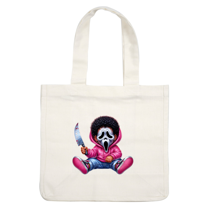 Un personaje de dibujos animados divertido con una máscara icónica, sosteniendo un cuchillo, vestido con una sudadera con capucha rosa y jeans azules.