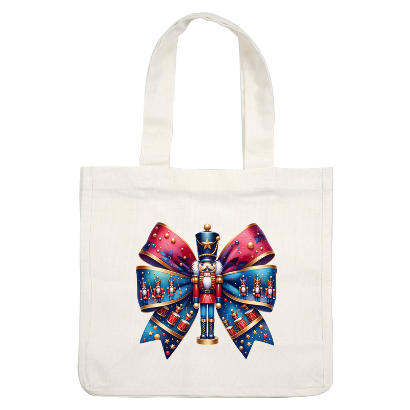 Una figura festiva de cascanueces se encuentra en el centro del escenario, adornada con un vibrante lazo azul y rojo que presenta soldados de juguete y tambores.