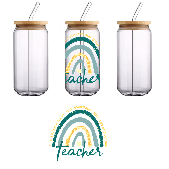 A blue and yellow painted wood teacher sign is hanging on a green wall.UV Transfers