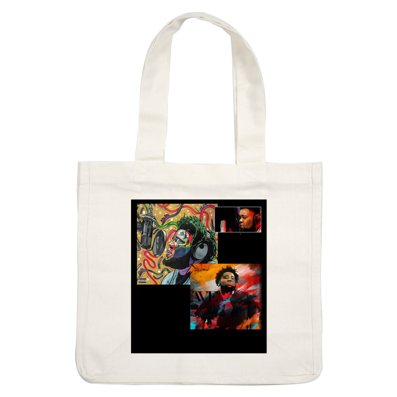 Una colección vibrante que muestra portadas de álbumes artísticos y una imagen de una actuación en vivo con un artista dinámico en un estudio de grabación. Transferencias DTF