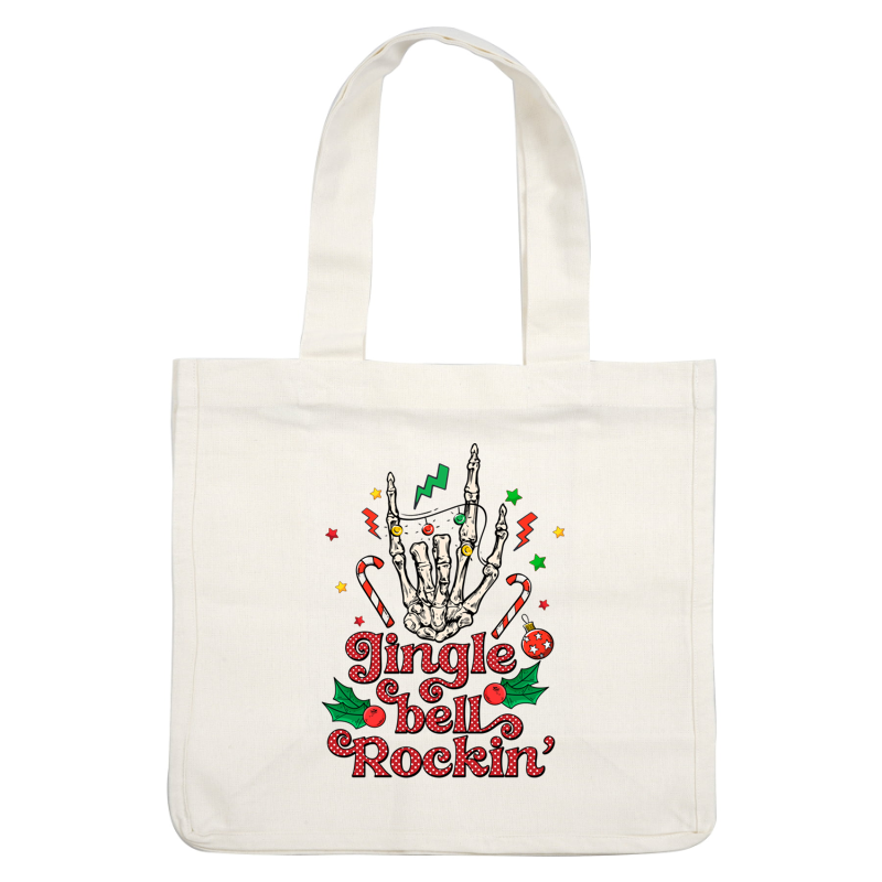 Un diseño festivo que presenta una mano esquelética con adornos coloridos, bastones de caramelo y la divertida frase "Jingle bell Rockin'".
