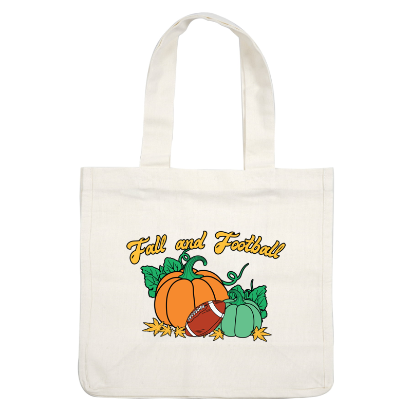 Celebrate the season with this vibrant "Fall and Football" graphic featuring pumpkins, a football, and autumn leaves. dtf prints