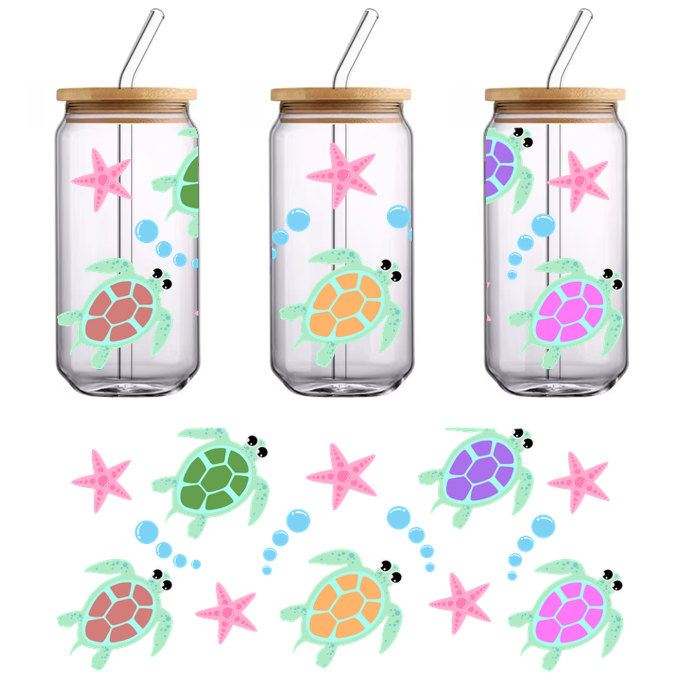 Colorful cartoon turtles swimming alongside pink starfish and bubbles create a playful and cheerful underwater scene.UV Transfers heat press transfers