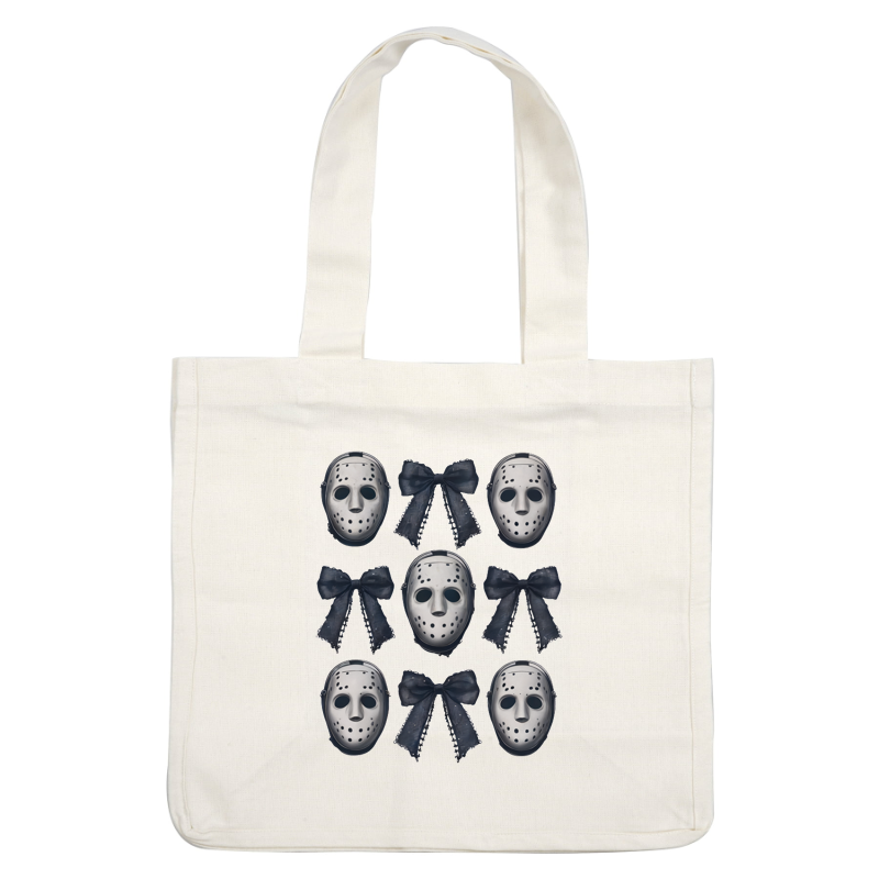 A playful arrangement of silver hockey masks paired with dark bows, perfect for a fun costume theme or Halloween decor. dtf prints