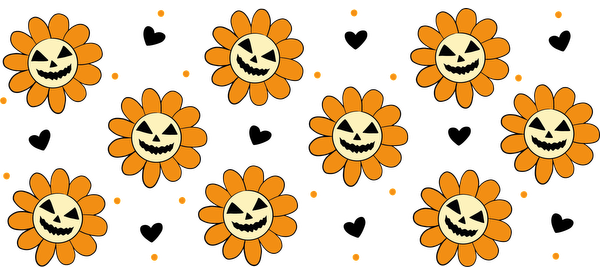 Un alegre diseño con temática de Halloween que presenta flores de color naranja vibrante con divertidas caras de calabaza sobre un fondo negro. Transferencias UV