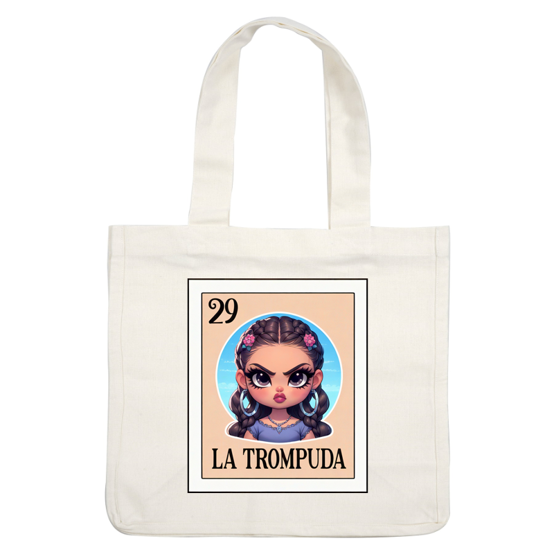 A vibrant illustration featuring a girl with braided hair and earrings, titled "La Trompuda," showcasing a playful yet fierce expression. dtf transfers