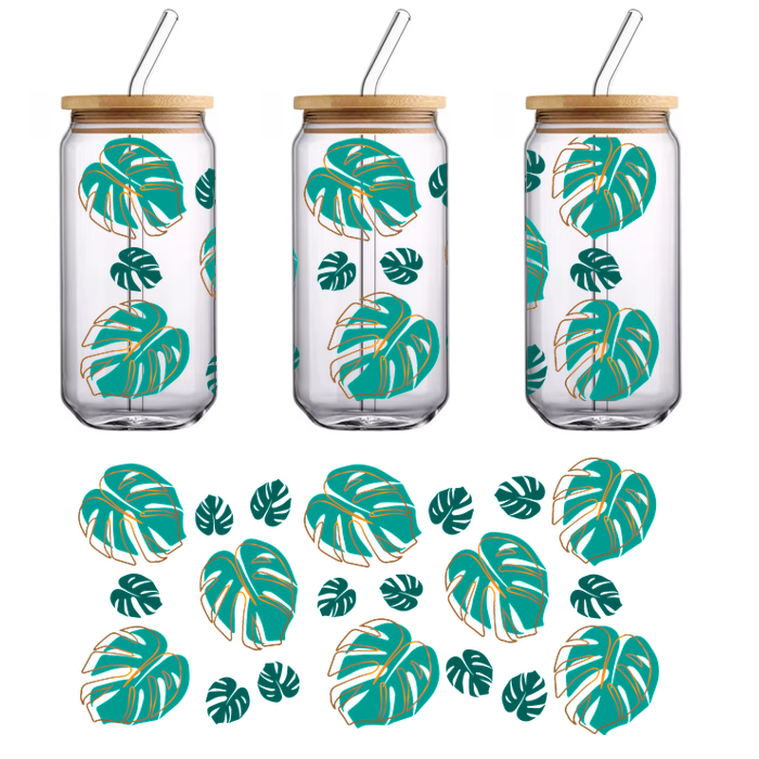 Tropical Monstera Teal UV DTF Cup Wrap Transfer Designs | MakeDTF