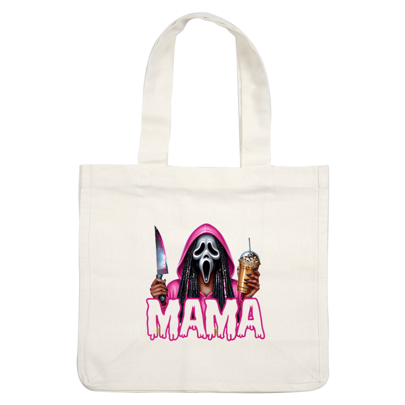 A colorful graphic featuring a masked figure in a pink hoodie, holding a knife and a dessert, themed "MAMA." heat press transfers