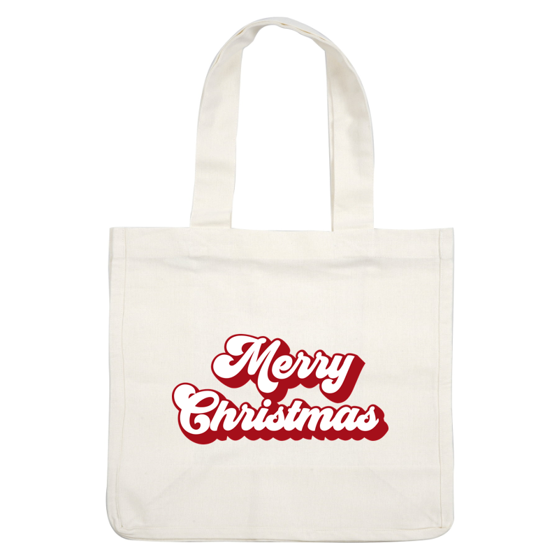 Festive "Merry Christmas" text in playful, bold lettering, featuring red and white colors, perfect for holiday celebrations!dtf regular iron