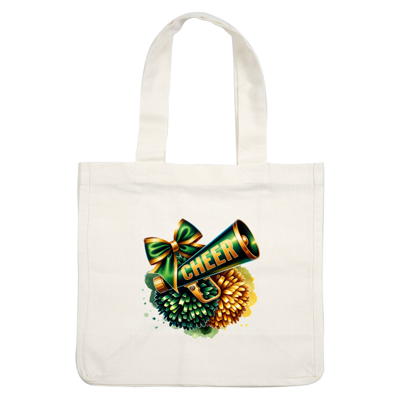 A vibrant green megaphone with "CHEER" printed, accented by a shiny bow and colorful pom-poms, perfect for cheerleading!DTF Transfers dtf prints