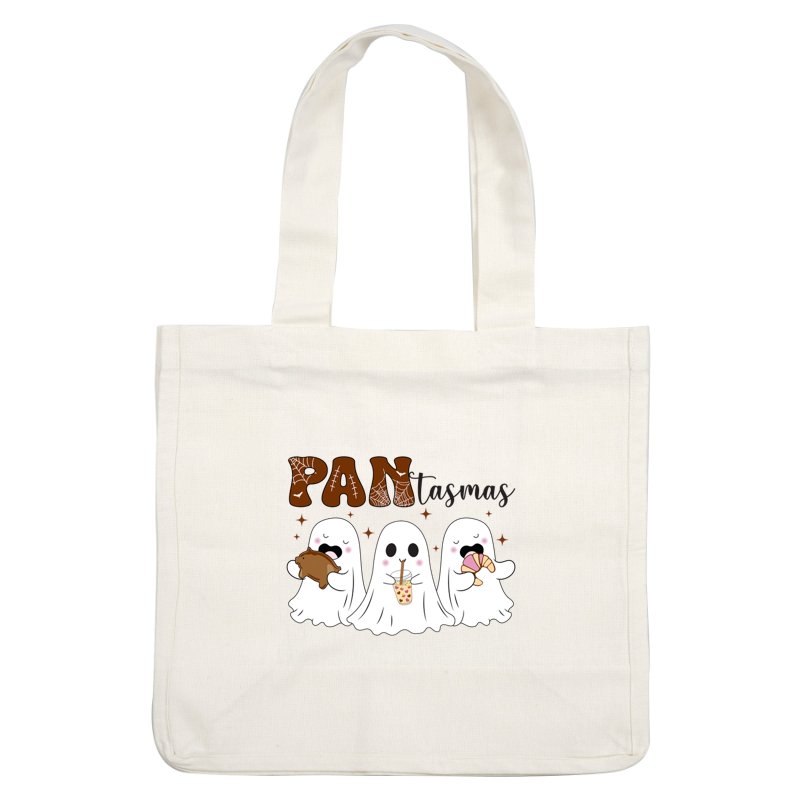 A cheerful graphic featuring three adorable ghosts enjoying snacks and drinks, paired with the playful text "PAN-tasmas." dtf prints
