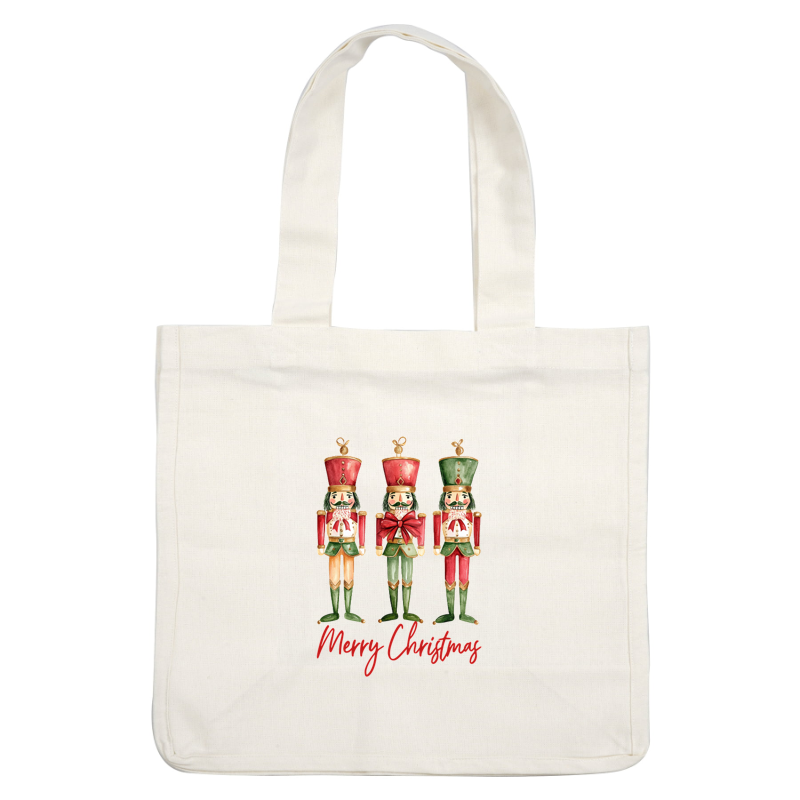 Three colorful nutcracker soldiers in festive attire celebrate the holidays with a "Merry Christmas" message below.