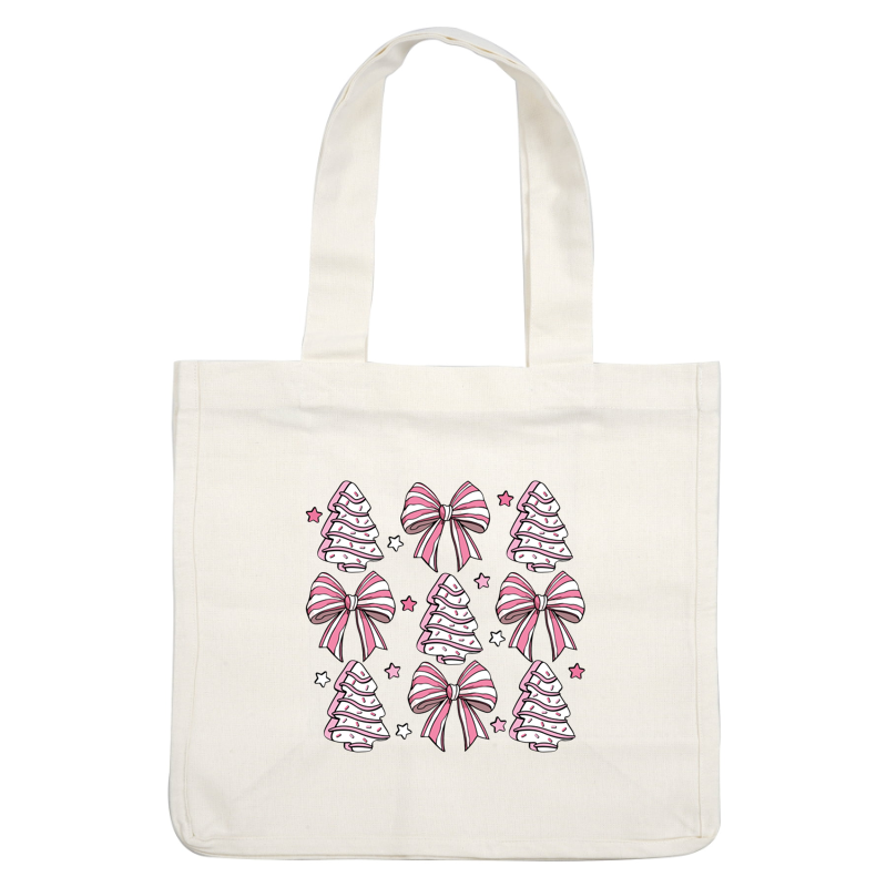 Un patrón caprichoso que presenta árboles de Navidad y lazos rosados y blancos, acentuados con estrellas para darle un toque festivo.