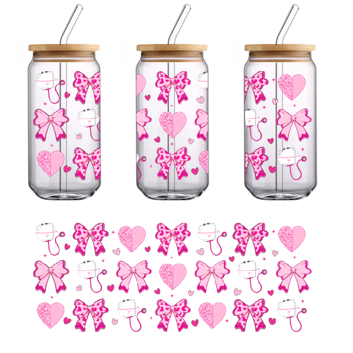 Pink and white bow and heart treats with small embellishments.UV Transfers