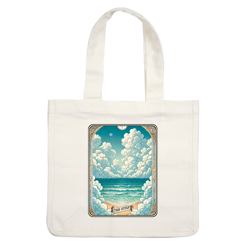 A vibrant illustration depicting a serene ocean scene with fluffy clouds, waves, and a peaceful shoreline, titled "The Surf."dtf regular iron