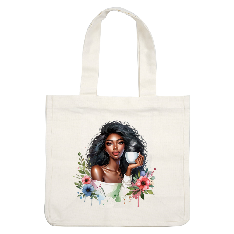 A beautiful illustration of a woman with curly hair, enjoying a warm cup of coffee amidst colorful floral accents. dtf prints