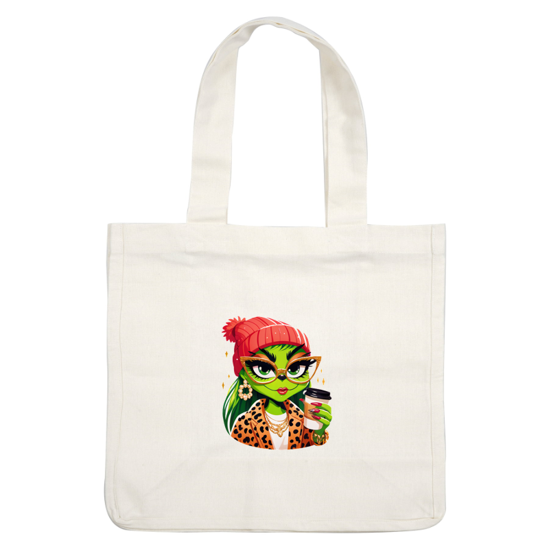 Un personaje elegante de piel verde con un gorro rojo y una chaqueta con estampado de leopardo, que sostiene una taza de café con estilo. Transferencias DTF