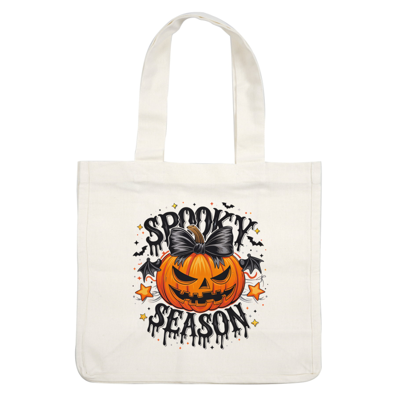 A playful Halloween design featuring a carved pumpkin with a bow, bats, and the phrase "Spooky Season." dtf prints