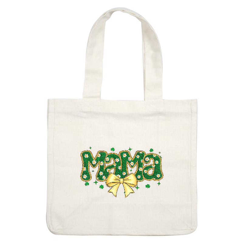 《3D chenille-like》A green and yellow "Mama" word with daisies and a yellow bow.DTF Transfers