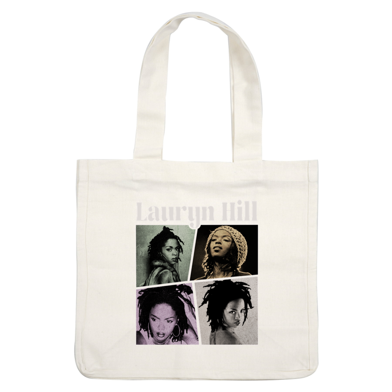 Un elegante collage de Lauryn Hill que muestra sus icónicas rastas y diversos looks a lo largo de su carrera. Transferencias DTF