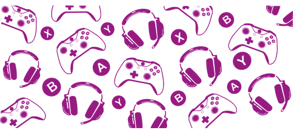 A playful pattern featuring gaming controllers and headphones in vibrant purple, perfect for any gaming enthusiast's design.UV Transfersdtf regular iron