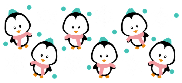 Un patrón alegre que presenta simpáticos pingüinos de dibujos animados con sombreros y bufandas, rodeados de copos de nieve y puntos de colores. Transferencias UV